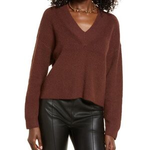 NEW Nordstrom Chocolate Brown Ribbed Stitch‎ Sweater V-Neck Size XS Wool 2021
